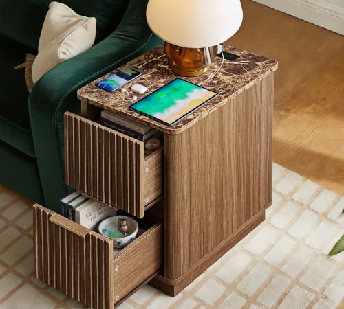 win2win Narrow End Table with Charging Station, Fluted Drawers, Walnut | Tall Small Side Table with Storage , Mid-Century Modern Nightstand with Faux Marble Top , Wood Beside Table for Living Room - color: Walnut