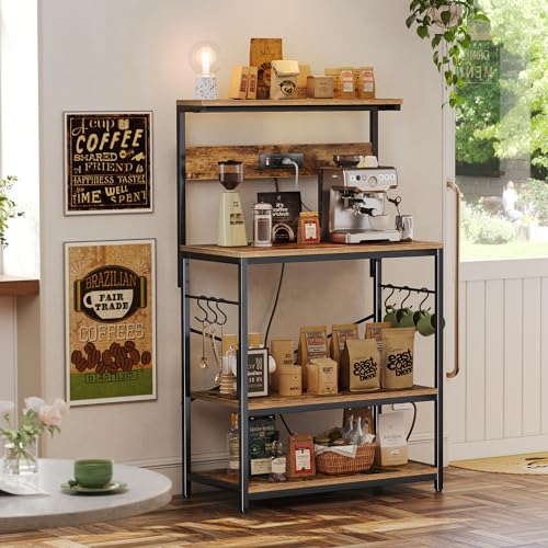 SUPERJARE Bakers Rack with Power Outlets, Microwave Stand, 31.5 X 16.5 Inch Larger Desktop, Kitchen Storage Rack with Adjustable Middle Shelf, 6 S-Shaped Hooks, Coffee Bar Stand, Rustic Brown - color: Rustic Brown, size: 31.5 inch