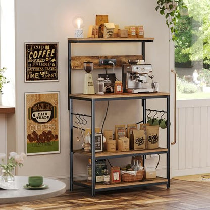 SUPERJARE Bakers Rack with Power Outlets, Microwave Stand, 31.5 X 16.5 Inch Larger Desktop, Kitchen Storage Rack with Adjustable Middle Shelf, 6 S-Shaped Hooks, Coffee Bar Stand, Rustic Brown - color: Rustic Brown, size: 31.5 inch
