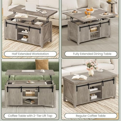 Lift Top Coffee Table, 4 in 1 Convertible Coffee Table, Farmhouse Coffee Tables, with Hidden Compartments, with Sliding Doors, for Living Room, Apartment, Greige MKF01FH - color: Greige