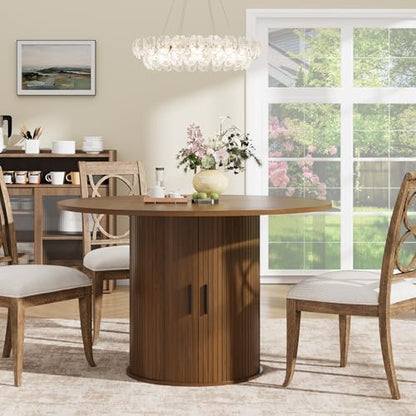 IDEALHOUSE 47 Inch Round Dining Table for 4, Walnut | With 2-Tier Shelf and Wood Slide Door, Pedestal Dinner Table Space Saving, T-Shape Base, Dining Room, Classic Walnut Finish - color: Walnut