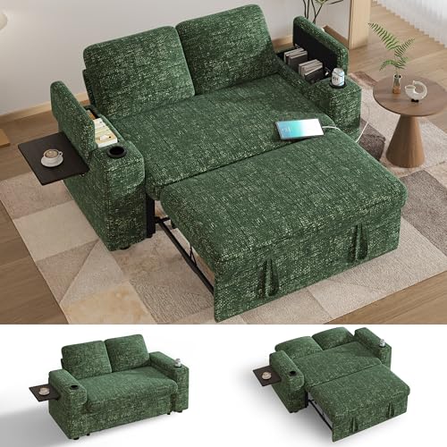 Vipbear 65" Loveseat Sleeper Sofa with Pull Out Bed, Chenille 3-in-1 Convertible Sofa Bed with Reclining Backrest|USB Ports|Cup Holders|Side Table|Storage Armrests, Tool Free Assembly, Green - color: Green