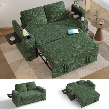 Vipbear 65" Loveseat Sleeper Sofa with Pull Out Bed, Chenille 3-in-1 Convertible Sofa Bed with Reclining Backrest|USB Ports|Cup Holders|Side Table|Storage Armrests, Tool Free Assembly, Green - color: Green