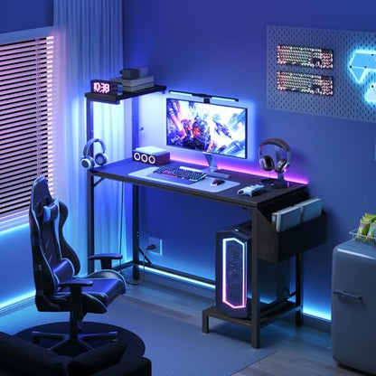 MAHANCRIS Gaming Desk, Computer Desk with Charging Station and LED Light, Small PC Desk with Side Storage Bag and Shelves, 2 Hooks, for Living Room, Home Office, Bedroom Black CDHS134E01