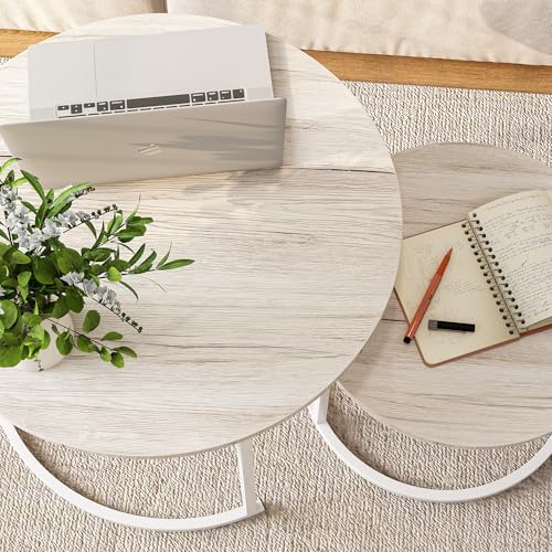 HOJINLINERO Round Coffee Table,Nesting Coffee Table Set of 2,Center Tables for Living Room,Office, Home Small Space,Stacking Side Tables,Sturdy and Easy Assembly,Wood Desktop,Oak+White,Large - color: Wh-oak, size: Large