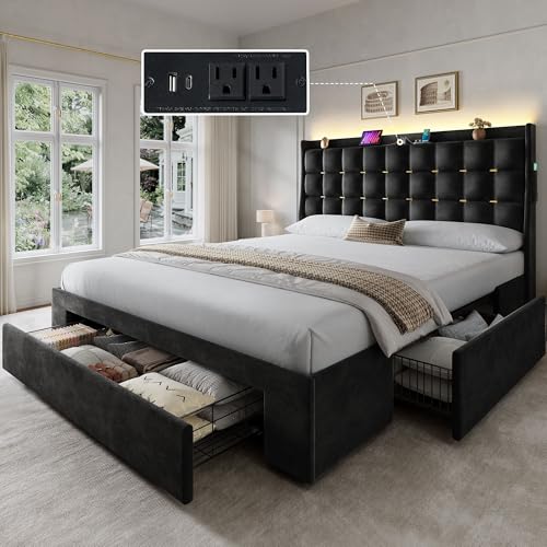 YITAHOME Queen Size Bed Frame with 3 Storage Drawers and RGB LED Lights | Velvet Upholstered Bed with Charging Station and Storage Headboard, No Box Spring Needed, Easy Assembly, Noise-Free, Black - color: Black, size: Queen