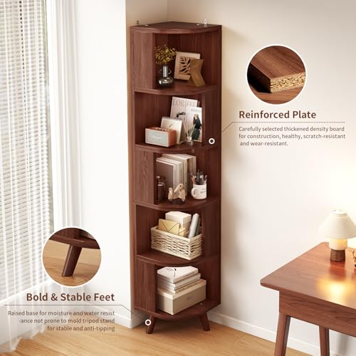 5-Tier Corner Bookshelf, Modern Corner Shelf, Freestanding Bookcase Corner Cabinet Storage Display Shelf Organizer for Living Room Home Office Bedroom Kitchen