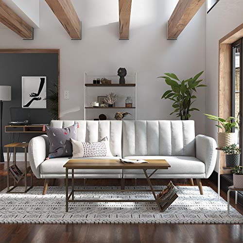 Novogratz Brittany 82 Inch Futon Sofa Bed in Faux Leather, Upholstered Couch Sleeper with Tufted Back, Mid-Century Modern Design, Light Gray - color: Light Gray