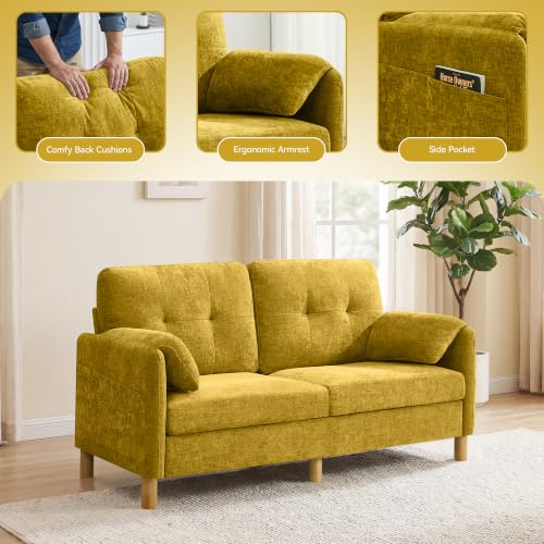 Mid Century Modern Couch, 65" Loveseat Sofa, Yellow | Storage Pockets, Upholstered Small Loveseat for Small Spaces, Bedroom, Home Office, Apartments - color: Yellow