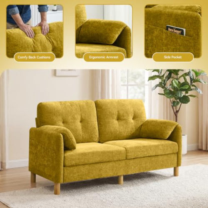 Mid Century Modern Couch, 65" Loveseat Sofa, Yellow | Storage Pockets, Upholstered Small Loveseat for Small Spaces, Bedroom, Home Office, Apartments - color: Yellow