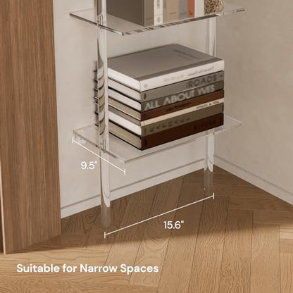 Small Acrylic Ladder Bookshelf, 9.5" D x 15.6" W, 4-Tier Clear Wall Mounted Book Shelf for Small Spaces, Multipurpose Bookcase for Living Room, Bathroom, Office, Modern, 59" H - size: 4-Tier