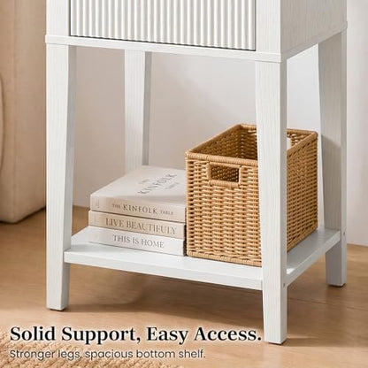 White 15.4" Wide Small Nightstand with Drawer,Open Shelf,Fluted Front | Bright white tone, ribbed fluted front, 11.8-inch slim depth, concealed storage, clean fit for bed, sofa side, or chair side - color: White