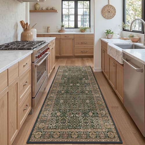 2'6" x 7' Kitchen Runner Rug, Washable Non Slip, Dark Green Brown | Vintage Floral, Spill Resistant, Lightweight Low Pile Carpet for Hallway, Bedroom, Laundry Room and Bathroom - color: Dark Green Brown, size: 2'6" x 7' (Rectangular)