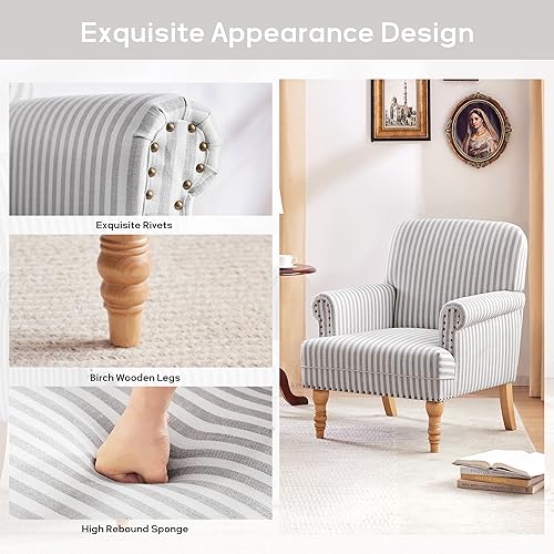 HUIMO Linen Fabric Accent Chair, Mid-Century Modern Armchair with Solid Wood Legs, Single Sofa Chair,Upholstered Reading Club Chair (1, Grey and White Stripe) - color: Light Grey and White Stripe