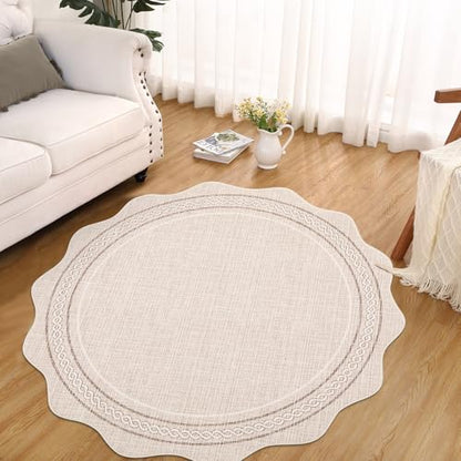 GarveeHome Scalloped Washable Round Rugs Non-Slip Soft Round Rug 4ft, Beige | Small Boho Circle Ultra-Thin, Stain Resistant Low Pile Carpet for Entryway Kitchen Bedroom Nursery Bathroom - color: Beige, size: 4' (Round)