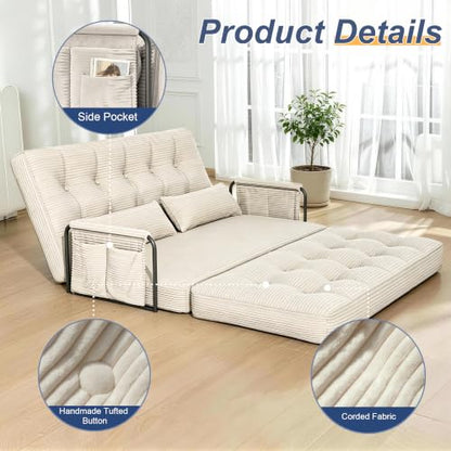 Futon Sofa Bed,Convertible Sofa Bed,Folding Boneless Couches | 3-in-1 Folding Sofa Bed,Boneless Couches for Living Room with Pillow & Side Pocket,High-density Foam,Double Sleeper,Beige - color: Beige, size: Full