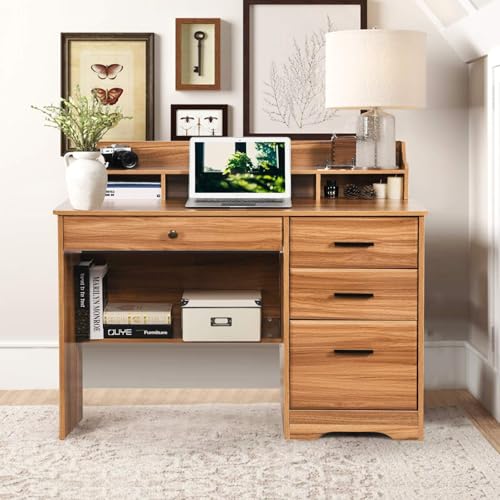 Computer Desk with 4 Drawers and Hutch, Home Office Desk with File Drawer, 44” Rustic Oak Wood Desk, Study Table for Bedroom, Rustic Oak - color: Rustic Oak