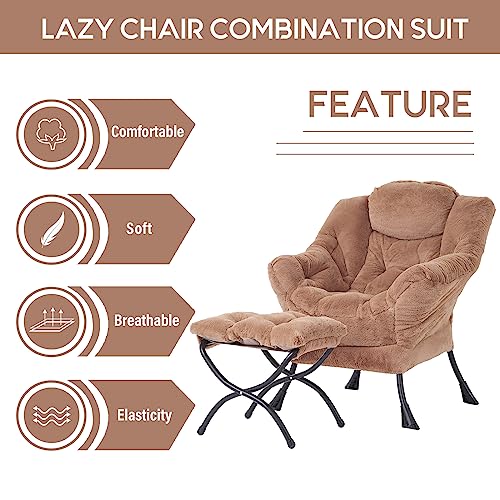 Lazy Chair with Ottoman, Comfy Accent Reading Chair, Plush Brown | Foldable Footrest,Removable Cover,with Armrests and Side Pockets,Upholstered Lounge Chair for Bedroom,Dorm,Office,Small Space - color: Plush Brown