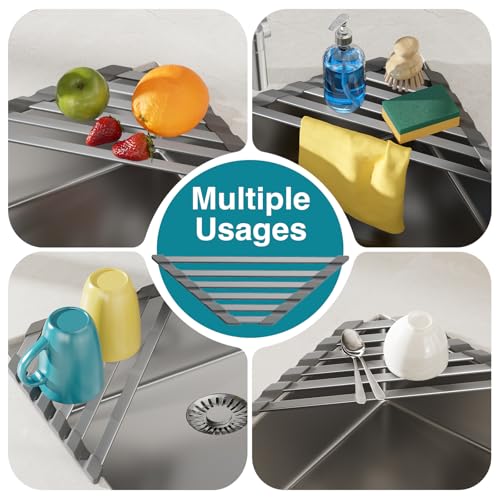 COOL-ANGLE Triangular Corner Sink Drying Rack, Aluminum, 16"x9.5", Gray | Heat Resistant Trivet, Supports Up To 60 Lbs, Rust-Proof Aircraft Aluminum, Ideal For Square Sinks With 0.8 Inch Ledge - size: Triangle 16'' x 9.5''