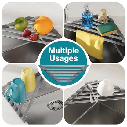 COOL-ANGLE Triangular Corner Sink Drying Rack, Aluminum, 16"x9.5", Gray | Heat Resistant Trivet, Supports Up To 60 Lbs, Rust-Proof Aircraft Aluminum, Ideal For Square Sinks With 0.8 Inch Ledge - size: Triangle 16'' x 9.5''