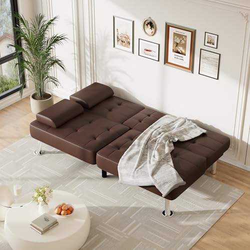 Furmax Leather Futon Sofa Bed, Adjustable Futon Couch for Living Room | Sleeper Sofa Bed with 2 Cup Holders, Reclining Futon Loveseat for Apartment, Business Office & Small Spaces | Brown - color: Brown