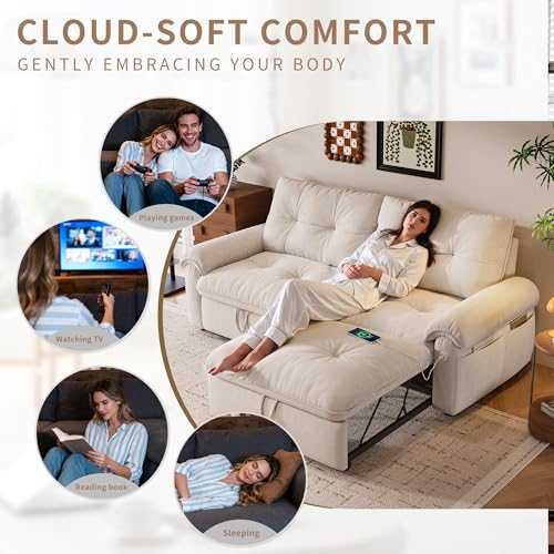 77" Sleeper Sofa Bed, Convertible Pull Out Couch with Velvet Fabric, 3-in-1 Loveseat L Shaped Couch Bed with Adjustable Backrest, Side Pocket & USB Ports for Living Room Apartment, White - color: Beige, style: Sofa Bed w/USB
