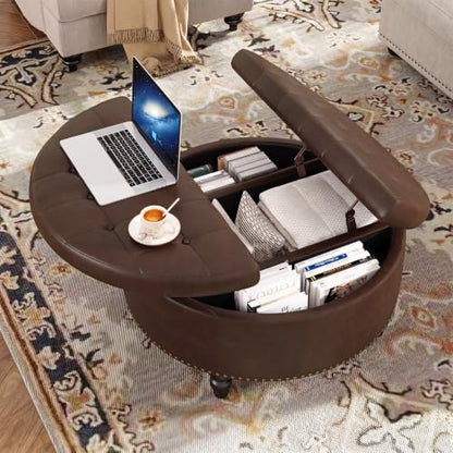 FiveWillowise 30 Inch Large Round Ottoman with Storage Circular,Chocolate | Leather Coffee Table with Lift Top,Modern Upholstered Button Tufted Footrest Stool Solid Wood Legs for Living Room,Bedroom - color: Chocolate