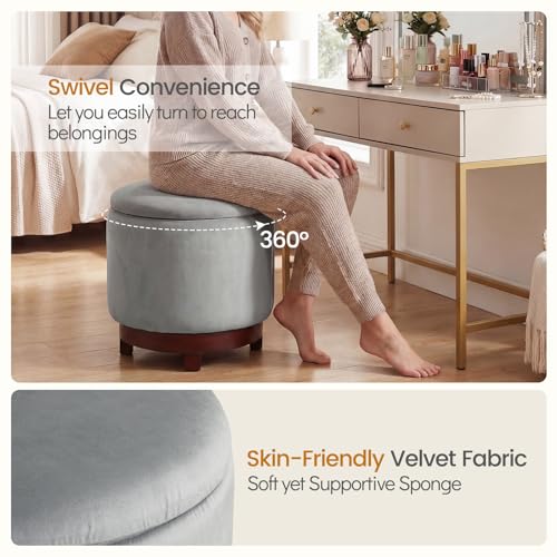 Giantex Round Ottoman with Storage, 360° Swivel Velvet Vanity Stool with Removable Lid, Wood Frame & Legs, Ottoman Foot Rest for Living Room, Bedroom, Makeup Room No Assembly (Gray & Walnut) - color: Gray & Walnut