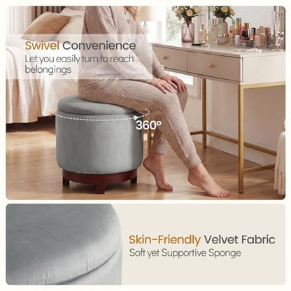 Giantex Round Ottoman with Storage, 360° Swivel Velvet Vanity Stool with Removable Lid, Wood Frame & Legs, Ottoman Foot Rest for Living Room, Bedroom, Makeup Room No Assembly (Gray & Walnut) - color: Gray & Walnut