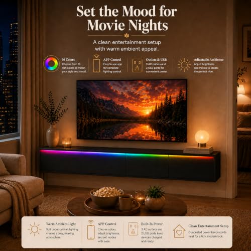 Black Floating TV Stand Wall Mounted, 72.8" Media Console | Fits Up to 80* TV, Black finish, midcentury modern tv stand. - color: Black-c