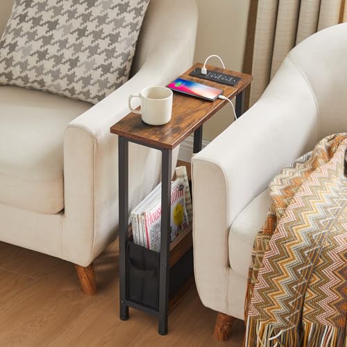 Slim Charging End Table with Storage - For Small Spaces and Bedroom - color: Rustic Brown