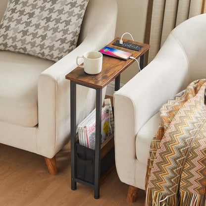 Slim Charging End Table with Storage - For Small Spaces and Bedroom - color: Rustic Brown