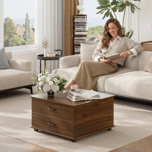 MALOL Storage Coffee Table with 2 Drawers & Flip-Top Lid with Hidden Storage, Modern Fluted Wood Coffee Table, Solid Wood Legs, Square Center Table for Living Room, Walnut - color: Walnut