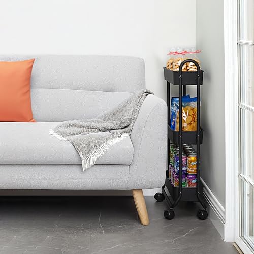 SunnyPoint Slim Rolling Storage Cart, 3 Tier Bathroom Storage Organizer Bathroom, Laundry Utility Cart (Black) - color: Black