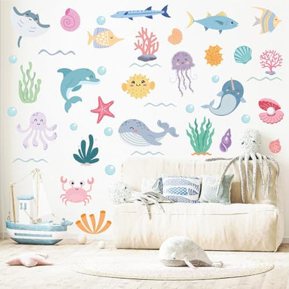 AOWDIAO 58 Pcs Ocean Animals Wall Decals - Peel and Stick Under the Sea Kids’ Room & Nursery Decor - style: Ocean Animals