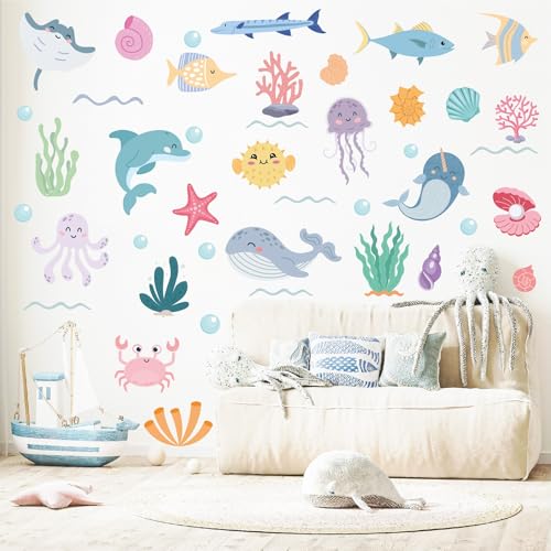 AOWDIAO 58 Pcs Ocean Animals Wall Decals - Peel and Stick Under the Sea Kids’ Room & Nursery Decor - style: Ocean Animals