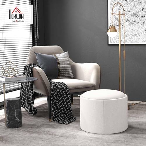 HOMCOM Round Storage Ottoman with Flip Top Tray, Footstool, Cream White | Upholstered Fabric, Small Coffee Table, Hidden Compartment, Accent Vanity Stool, Living Room