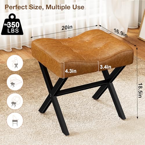 18-Inch Large Leather Vanity Stool Chair, Brown Makeup Stool | Vanity Bench, Metal X-Leg, 350 LBS, 20"x16.9"x18", Ottoman Accent Stool, Thick Padded Saddle Seat, For Living Room Bedroom - size: Large, style: Brown Leather