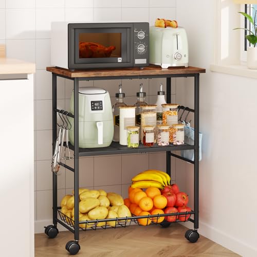 SWTYMIKI Rolling Kitchen Microwave Cart - 3 Tier Microwave Table Stand with Storage Basket and Hooks, Kitchen Utility Cart on Wheels, Coffee Cart Shelf Rack Organizer for Living Room Office, Balcony - color: Brown