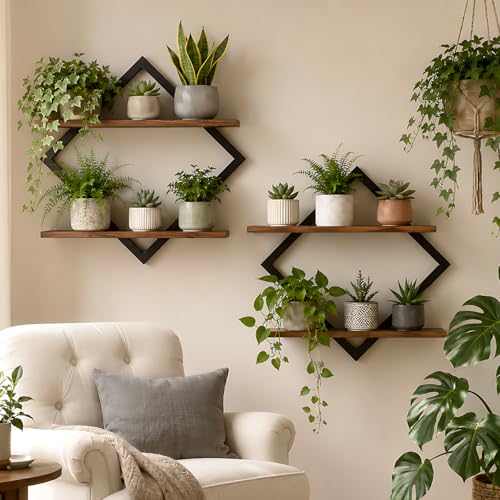 2 Pack Floating Wall Shelves Plant Holders, Brown | For Indoor Plants, Wall Mounted Plant Stand, For Small Plants, Multi-Room Use - color: Rustic Brown-2pack