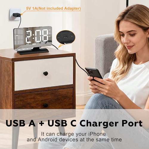 Digital Clock,Alarm Clock Bedside,7.3'' Large LED Mirror with Date Display,Dual Alarm with 3 Mode,Brightnee Adjust,DST,Snooze Function,USB C Charging Port,5 Levels Volume for Desk Bedroom Teens - color: Black
