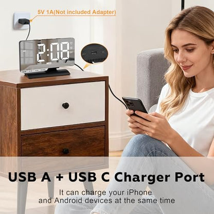 Digital Clock,Alarm Clock Bedside,7.3'' Large LED Mirror with Date Display,Dual Alarm with 3 Mode,Brightnee Adjust,DST,Snooze Function,USB C Charging Port,5 Levels Volume for Desk Bedroom Teens - color: Black