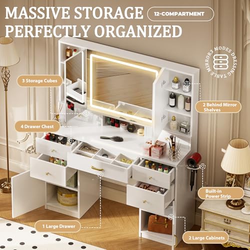 COMHOMA Vanity Desk with 3 Way Mirror and Lights, Large Makeup Vanity Table Set with Charging Station, 3 Lighting Modes & 360° View Mirror, 7 Drawers Dressing Table for Women Girls Bedroom, White - size: 7 Drawers