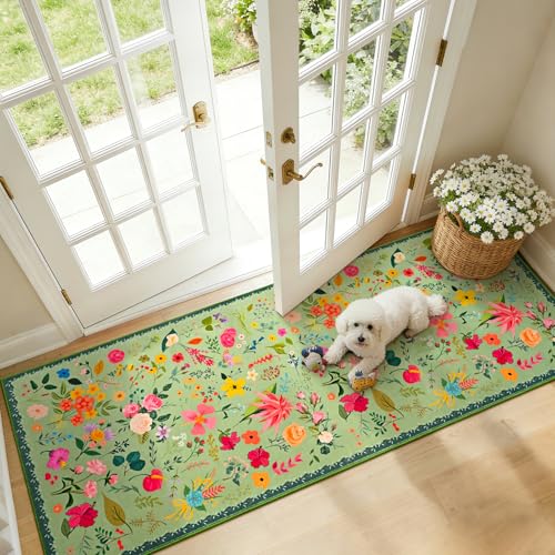 ISEAU Runner Rugs for Kitchen,2x6 Area Rug for Entryway Dorm Rug,Green | Washable Flower Area Rug with Non-Slip Botton for Bedside, Runner for Hallway Nursery Entryway Dining Room Dorm Decor - color: Green, size: 2ftx6ft