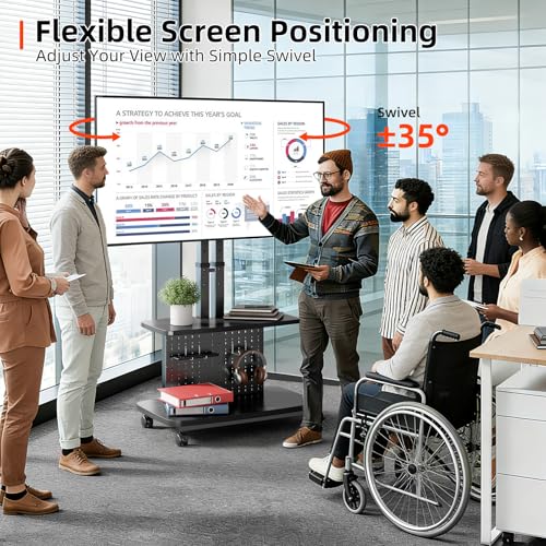 Mobile TV Cart on Wheels,Height Adjustable Rolling TV Stand for 32-85 inch TVs,with 5-Level Lift,35° Swivel,Portable Media Cart for Office,Outdoor | Height Adjustablewith 5-Level Lift,35° Swivel,Dual Shelves & Pegboard Storage,Portable Media Cart for Home