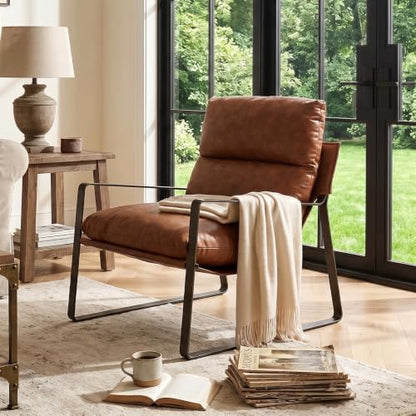 1-Pack Accent Chairs, PU Leather Living Room Chair, Brown | Comfy Armchairs, Upholstered Lounge Armchair, Removable Seat Cushion, Bronze Metal Frame, For Reading Room, Bedroom, Balcony - color: Brown-bronze Legs, size: 1PC