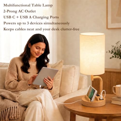 Dreamholder Touch Control USB Table Lamp with USB C/A & AC Outlet, 3-Way Dimmable Bedside Lamp, Modern Nightstand Lamps for Bedroom Living Room Guest Room Office, Bulb Included, Woodgrain - color: Woodgrain