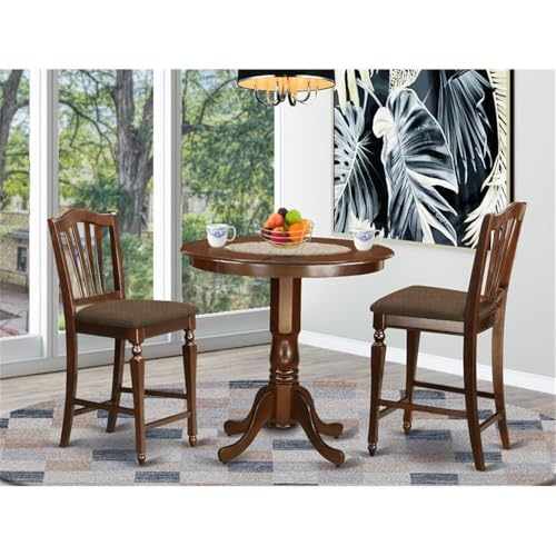 East West Furniture JACH3-MAH-C 3 Piece Counter Height Dining Set Contains a Round Dining Room Table with Pedestal and 2 Linen Fabric Upholstered Chairs, 36x36 Inch, Mahogany - color: Jach3-mah-c