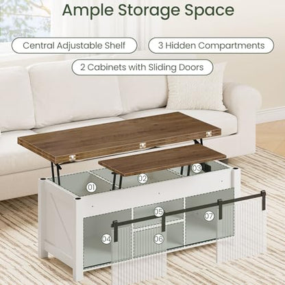 Lift Top Coffee Table, 4 in 1 Convertible Coffee Table, Farmhouse Coffee Tables, with Hidden Compartments, with Sliding Doors, for Living Room, Apartment, White and Walnut MKF01WL - color: White + Walnut