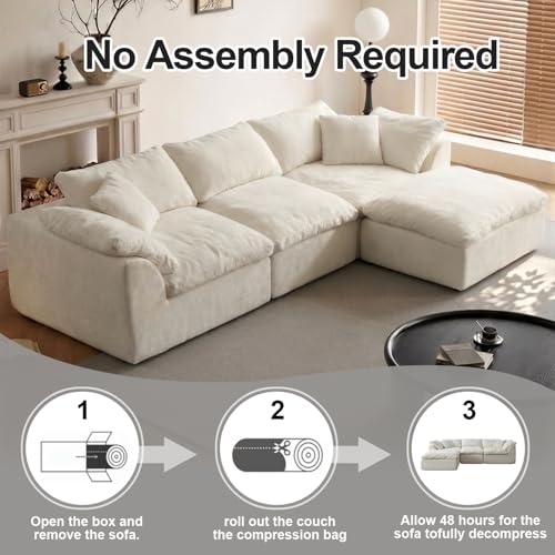 Cloud Couch Sectional for Living Room, Modular L Shaped Boneless Sofa with Chaise, Compressed No Assembly Couch, Deep Seat Chenille Upholstered Convertible Sofa Bed (White) - color: Warm White